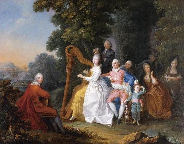 unknow artist An elegant party in the countryside with a lady playing the harp and a gentleman playing the guitar